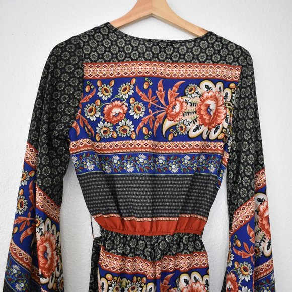 Missguided Mixed Print Bell Sleeve Wrap Romper - Picture 11 of 12